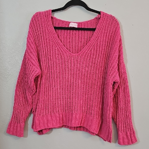 Pink Lily Vibrant Pink V-Neck Knit Sweater, Womens Medium Oversized - Picture 2 of 5
